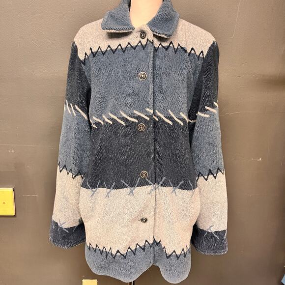 Vintage women's fleece striped satin lined coat double breasted blue grey size L - Picture 2 of 10